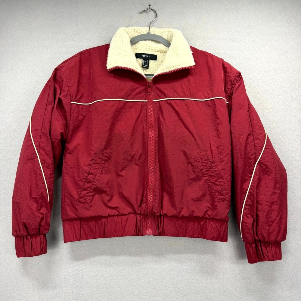 FOREVER 21 Cropped Bomber Jacket Womens Medium Red Nylon Sherpa Lined Full Zip